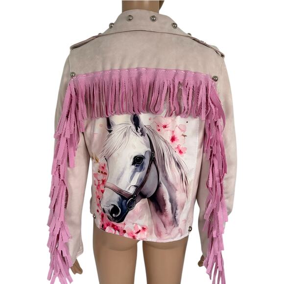 Upcycled by Me Blush Faux Leather Fringe Jacket Horse Graphic Western Coquette - Picture 1 of 10